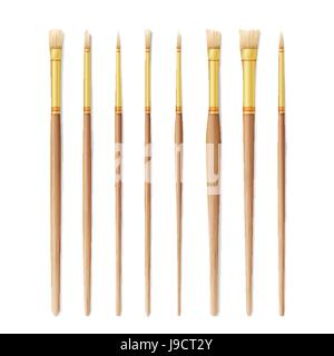 Set Pinceaux Artiste réaliste. Ensemble Pinceau isolé sur fond blanc. Vector Collection pour la conception de l'artiste. Aquarelle, Acrylique ou huile Pinceaux avec manche en bois clair Illustration de Vecteur