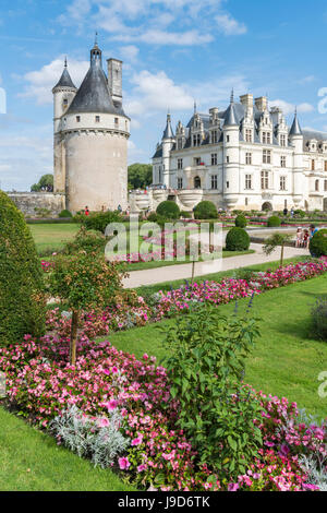 Fleurs d'été dans le parc du château de Chenonceau, UNESCO World Heritage Site, Chenonceaux, Indre-et-Loire, Centre, France, Europe Banque D'Images