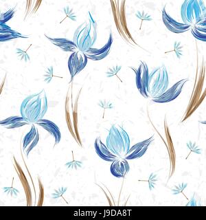Modèle sans couture avec ornement floral, iris dans un style grunge sur fond blanc. Illustration de Vecteur