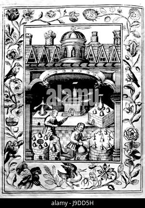 ELIAS ASHMOLE (1617-1692) homme politique anglais et alchimiste. La page de son livre '1652 Theatrum Chemicum Britannicum" montrant un laboratoire Banque D'Images