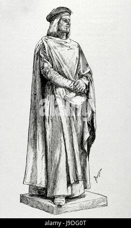 Bernard Desclot. Chroniqueur catalan. 13e siècle. Portrait. Gravure par Panissa. 'La Ilustracion Catalana', 1888. Banque D'Images