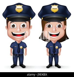 Les caractères de police sympathique policier et vecteur de la police en uniforme pour la sécurité isolé en fond blanc. Vector Illustration Illustration de Vecteur