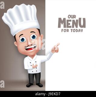 Jeune Chef cuisinier professionnel à caractère uniforme Restaurant Menu pour aujourd'hui heureux de présenter l'espace blanc pour Message. Vector Illustration Illustration de Vecteur