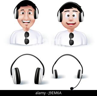 Deux jeunes homme heureux appréciant la musique d'écouteurs ou casque en vecteur avec casque et casque isolé en fond blanc. Illustration de Vecteur