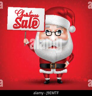 Père Noël Vector Cartoon Character Holding Christmas Sale Placard en fond rouge. Vector Illustration Illustration de Vecteur