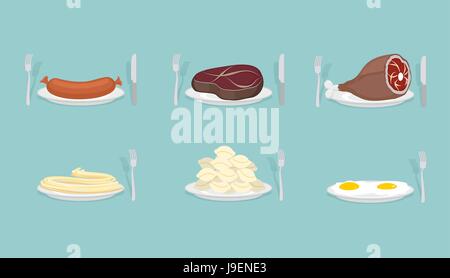 Alimentation : la viande des saucisses et boulettes. Du jambon et des steaks. Oeufs brouillés et des pâtes. Les aliments sur la plaque. Couverts : fourchette et couteau. La nourriture pour le dîner, petit déjeuner et lu Illustration de Vecteur