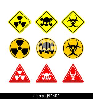 Inscrivez-Set Biohazard, toxicité, dangereux. Des panneaux jaunes de différentes formes : Cercle, Carré et Triangle. Illustration de Vecteur