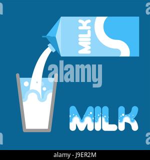 Le lait. Verser le lait dans un verre d'emballage. Carton de lait. Vector illustration. Splash dans un verre. Illustration de Vecteur