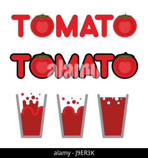 Le jus de tomate. Ensemble de tasses et tasses avec du jus de tomate. Lettres et tranche de tomate. vector illustration Illustration de Vecteur