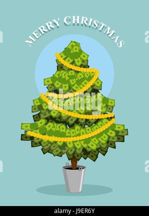 Joyeux Noël. MoneyTree. Carte de souhaits avec le bien-être financier. Dollars croître sur arbre. Illustration de Vecteur