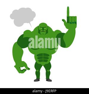 Green Goblin avec une bulle de texte. Montre du doigt. Grand et puissant monstre sur un fond blanc Illustration de Vecteur
