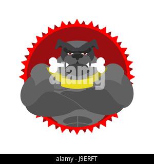 Chien en colère emblème ronde. Grand bodybuilder Bouledogue avec de l'os. Logo Vector animal avec de grands muscles. Logo pour le club de sport. Illustration de Vecteur