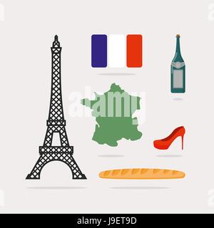 Les symboles de la France les icônes. La Tour Eiffel et la carte du pays. La Baguette et bouteille de vin. Drapeau français et de belles chaussures rouges. Caractéristiques nationales de P Illustration de Vecteur