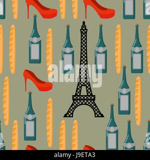 Paris seamless background. Motif infini français. Sites touristiques de pays : Tour Eiffel. La cuisine traditionnelle française : baguette et vin. Orname patriotique Illustration de Vecteur