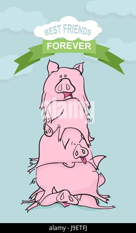 Meilleurs amis pour toujours. Drôle de cochon. Les animaux de ferme sur fond bleu Illustration de Vecteur