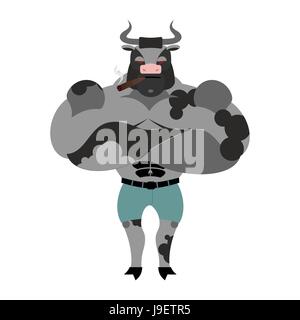Grand et fort et Bull. Bodybuilder des animaux de ferme avec de grandes cornes. Le mal et puissant animal avec un cigare. Illustration de Vecteur