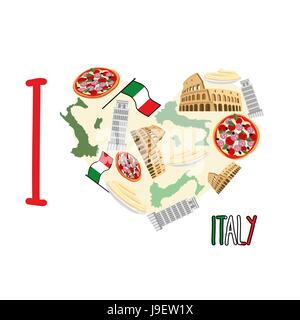 J'aime l'Italie. Symbole coeur de sites touristiques de l'Italie : pizza et pâtes, du Colisée et de la tour penchée de Pise. Vector illustration Illustration de Vecteur