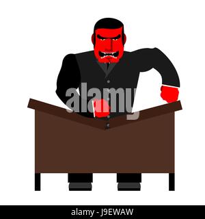 Big Boss a cassé une table. Homme rouge aussi fort dans le bureau. Vector illustration d'un homme. Illustration de Vecteur