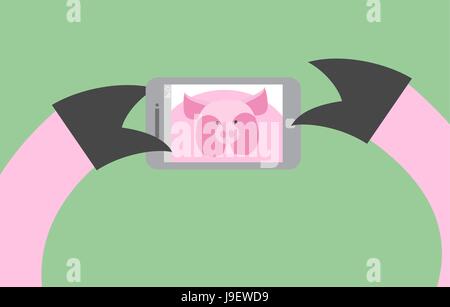 Cochon selfies. Animal est photographié sur téléphone. Smartphone dans ses pattes. Vector illustration d'un animal de ferme. Illustration de Vecteur