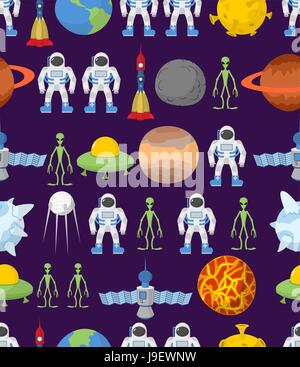 Cosmos seamless background, l'ornement. Les fusées et engins spatiaux OVNI. Lunes et planètes, les astronautes et les étrangers. Schéma de l'espace illustration vectorielle Illustration de Vecteur
