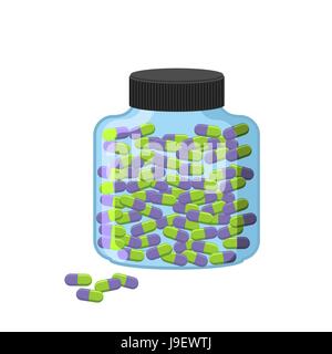 Comprimés en bouteille. Récipient en verre transparent pour le médicament sur un fond blanc. Illustration vecteur de médicament Illustration de Vecteur