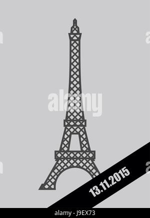 Tour Eiffel Ruban deuil noir. 13 novembre, 2015. Chagrin pour mort et acte de terrorisme en France. Illustration de Vecteur