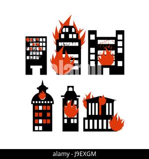 Bâtiment de l'incendie. Ensemble d'icônes éclairées des bâtiments de la ville. Incident d'urgence. La destruction des déchets solides municipaux et les gratte-ciel en feu. Illustration de Vecteur
