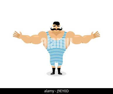 Happy Retro sportsman étendit ses bras dans une étreinte. Bon natured Strong Artiste de cirque. Bodybuilder antique avec moustache. Cute vintage bon athlète Illustration de Vecteur