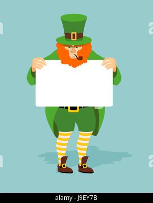 Leprechaun et panneau. Nain rouge et feuille de papier blanc. Caractère irlandais mythique en vert les vêtements. Chaussettes jaune à rayures et de vieilles chaussures. Leprech Illustration de Vecteur