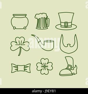 Patricks day icons set symboles linéaires pour l'Irlandais maison de vacances. Leprechaun hat. Barbe et de trèfle. Quatre trèfle porte-listnyj. Vieille chaussure et cravate papillon Illustration de Vecteur