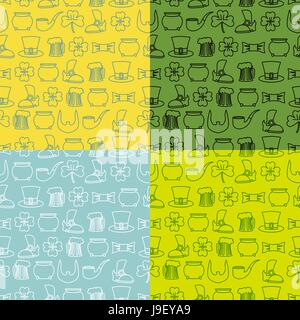 Patricks Day seamless pattern. Ensemble d'artifices fo maison de vacances en Irlande. Pot d'or et quatre trèfle de feuille lfour. Chope de bière et une vieille chaussure. Leprech Illustration de Vecteur