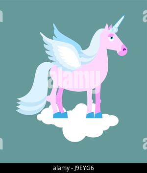 Licorne mauve bleu avec mane sur cloud. Monstre mythique avec des ailes. La bête fabuleuse avec corne sur son front. Animal fantastique avec sabots bleu Illustration de Vecteur