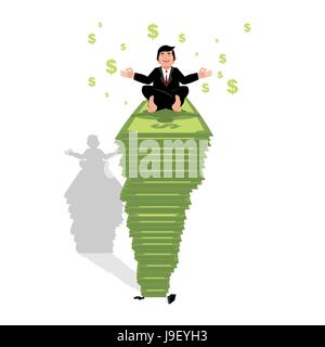 Businessman meditating on dollar. Yoga financière. Homme est assis sur le pack d'argent dans la position du lotus. L'illumination et la méditation. La réalisation de la richesse. De nombreux ca Illustration de Vecteur