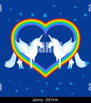 Deux unicorn arc-en-ciel bleu et en forme de coeur. Les animaux fantastiques sur ciel bleu. Inscrivez-LGBT. Bête fabuleux caractère gay Illustration de Vecteur