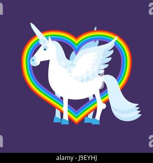 Licorne bleue Coeur Rainbow. Signe LGBT arc-en-ciel. Animal fantastique avec des ailes. La bête fabuleuse et l'amour Illustration de Vecteur