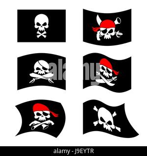 Jolly Roger. Drapeau pirate. Tête de mort. La tête de squelette dans l'élingue. Les épées et les armes à feu. Les drapeaux noirs corsaires. Définir l'obstruction de la bannière de la bande. Illustration de Vecteur