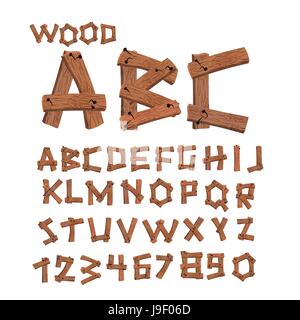 Police de bois. Anciennes cartes alphabet. Planches en bois avec des clous bande d'arbres lettre alphabet. Illustration de Vecteur