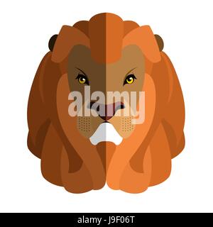Style plat à tête de lion. Grande crinière moelleux. Prédateur féroce. Animaux sauvages cruels savane. Grave fort bête Illustration de Vecteur