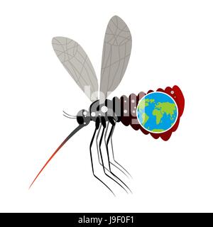 Zika Virus moustique. Big mosquito a dépassé la planète Terre. Gros Ventre d'insecte. Épidémie sur Terre. Grand moustique autonome sur fond blanc. ter Illustration de Vecteur