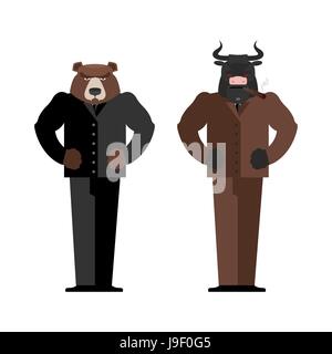 Bull d'affaires. Homme d'ours. Les taureaux et les ours commerçants sur marché boursier. Bureau d'affaires de même. La confrontation entre les négociants en valeurs mobilières Illustration de Vecteur