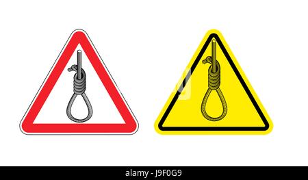 Panneau d'avertissement attention pendu. Panneau jaune risque la peine de mort. Hangmans noose sur triangle rouge. Sign.Danger de pendaison.. Boucle de corde épaisse Illustration de Vecteur