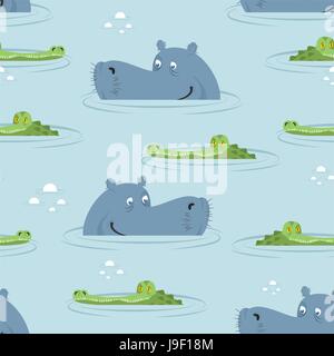 Hippopotame et crocodile dans l'eau modèle homogène. Bon hippopotame et alligator swamp texture. Ornement pour bébé linge. Ornement animale africaine Illustration de Vecteur