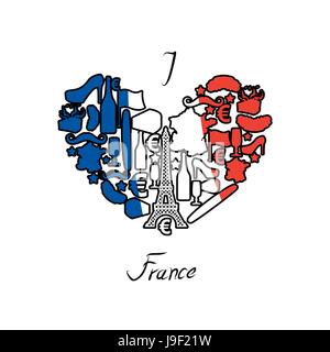 J'aime la France. National traditionnel jeu d'icônes en forme de coeur. Tour Eiffel et croissant. Drapeau français et de la carte. Vin et fromage. Un mode Illustration de Vecteur