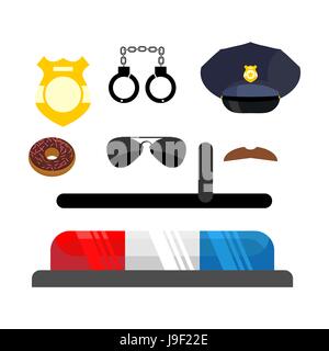 Icônes de la police. Symboles policier. Accessoires de la CDP dans l'appartement de style. Avertissement pour voiture de police. Menottes et matraque. Cap et d'un insigne. Une moustache Illustration de Vecteur