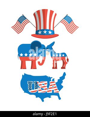 Définir les élections en Amérique. Chapeau de l'Oncle Sam. Drapeau américain. Définir le débat politique aux États-Unis. US flag. Âne et l'éléphant de symboles de partie politique Illustration de Vecteur
