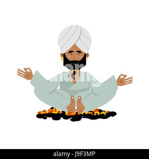 Yogi sur charbons. Yoga indien assis sur des charbons ardents. Man practicing yoga méditation exercices. Yogi dans son turban sur fond blanc Illustration de Vecteur