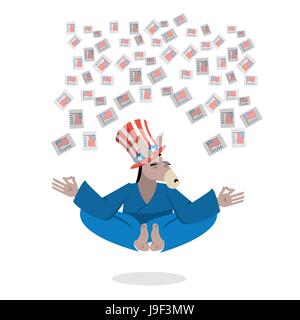 Âne démocrate hat Oncle Sam méditant voix aux élections. Polytypical joyeuse illustration. Symbole de partis politiques en Amérique. Yoga Animaux Illustration de Vecteur