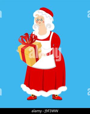 Mme Noël et cadeau. Épouse du Père Noël et fort. Femme de Noël en robe rouge et tablier blanc. Xmas feale Illustration de Vecteur