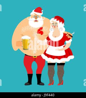 Bad Santa et Mère Noël isolé. ivre Noël famille. Femme en robe rouge et tablier blanc. Personnes âgées gaies. Nouvelle Année menage. Chope de bière et artichaud Illustration de Vecteur