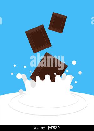 Chute de chocolat dans le lait. Spray blanc. Crème dessert sucré Illustration de Vecteur